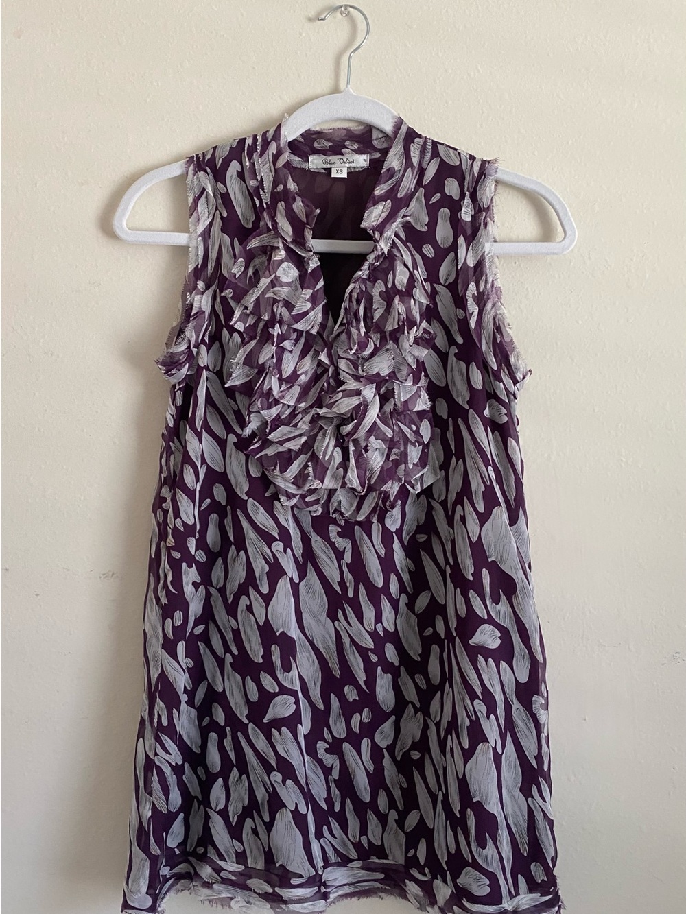 Sleeveless Purple Printed Ruffle Blouse Blue Velviet
